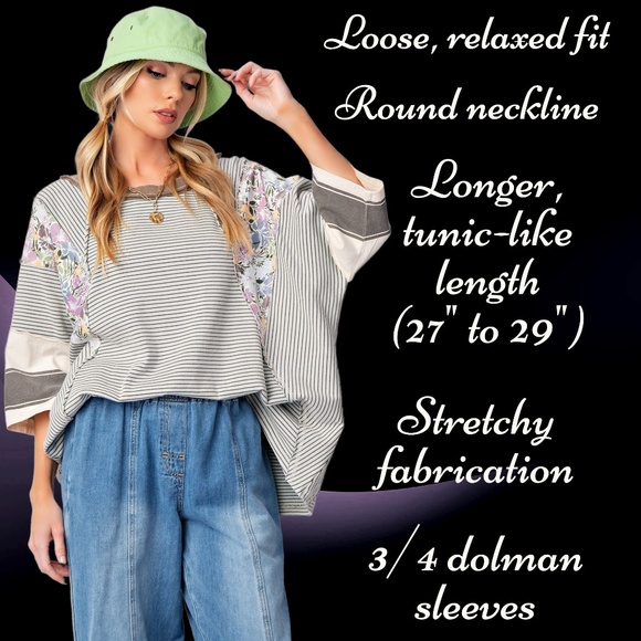 EASEL “Great Vibes” Mixed Print Relaxed & Stretchy Fit Top Defined Seams Details - Picture 5 of 15